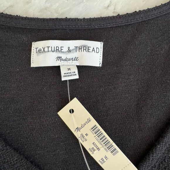 Madewell Texture & Thread Tie Front Top Womens Black Ribbed 3/4 Sleeve Sz M NWT - Picture 5 of 9